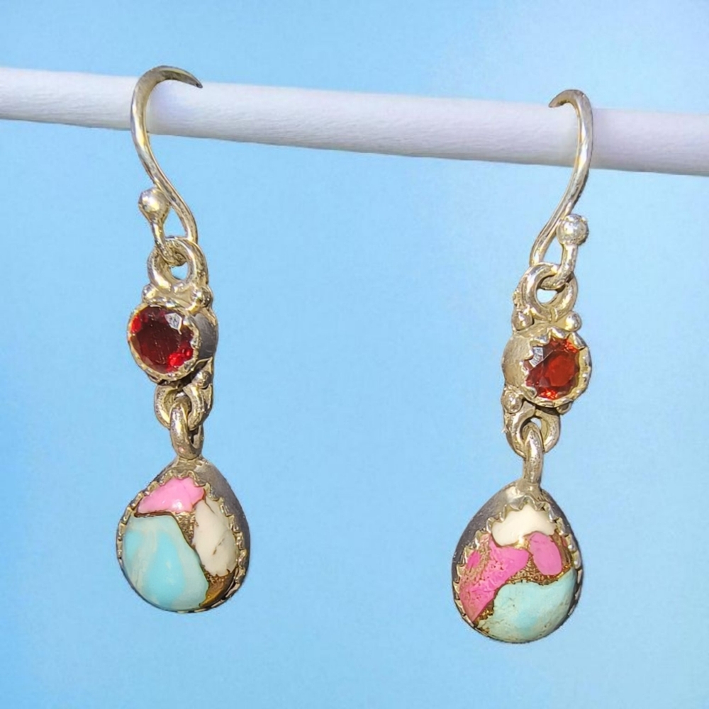 Pastel Cotton Candy Turquoise & Garnet Dangle Earrings In Sterling Silver